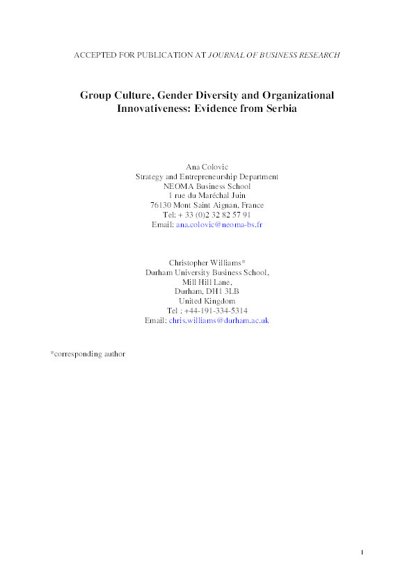 Group culture, workplace diversity and organizational innovativeness: Evidence from Serbia Thumbnail