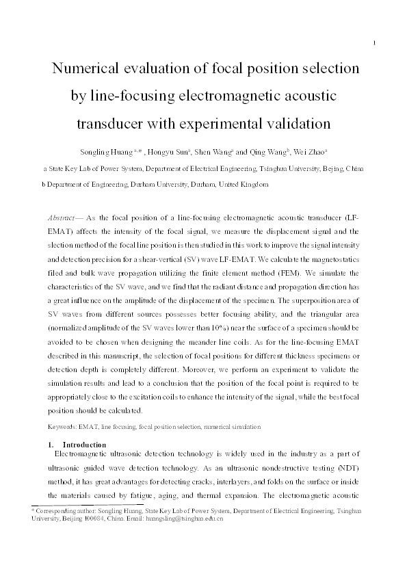 Numerical evaluation of focal position selection by line-focusing electromagnetic acoustic transducer with experimental validation Thumbnail