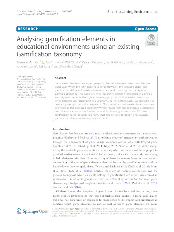 Analysing Gamification Elements in Educational Environments Using an Existing Gamification Taxonomy Thumbnail
