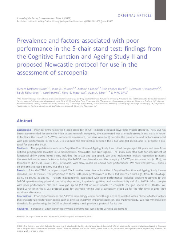 Prevalence and factors associated with poor performance in the 5‐chair stand test: findings from the Cognitive Function and Ageing Study II and proposed Newcastle protocol for use in the assessment of sarcopenia Thumbnail