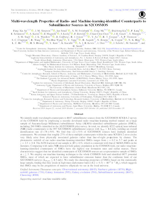 Multi-wavelength Properties of Radio- and Machine-learning-identified Counterparts to Submillimeter Sources in S2COSMOS Thumbnail