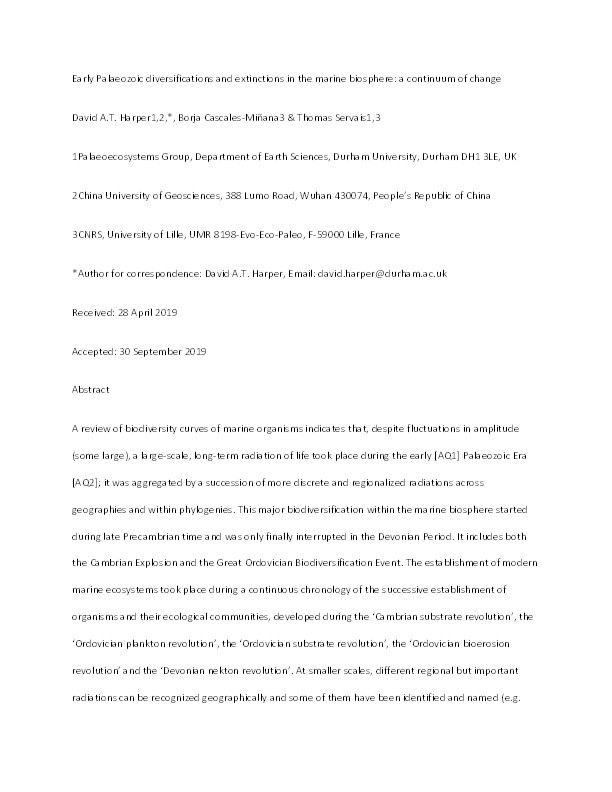 Early Palaeozoic diversifications and extinctions in the marine biosphere: a continuum of change Thumbnail