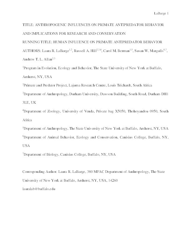 Anthropogenic influences on primate antipredator behavior and implications for research and conservation Thumbnail