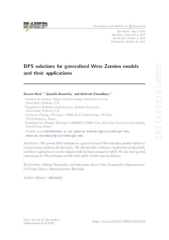 BPS solutions for generalised Wess-Zumino models and their applications Thumbnail