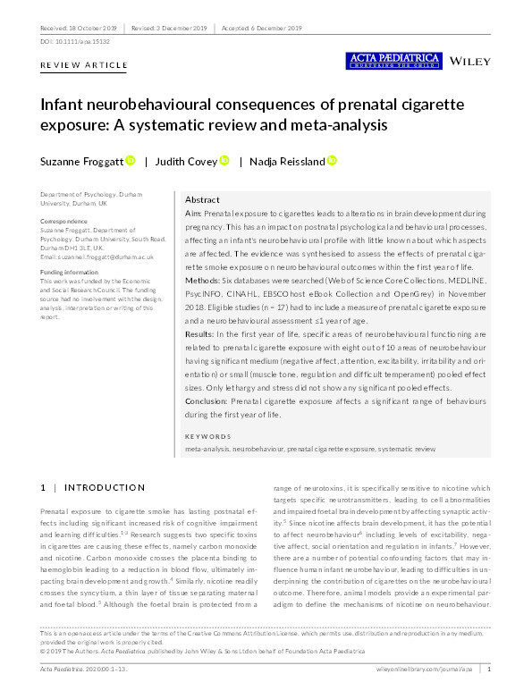Infant neurobehavioural consequences of prenatal cigarette exposure: A systematic review and meta-analysis Thumbnail