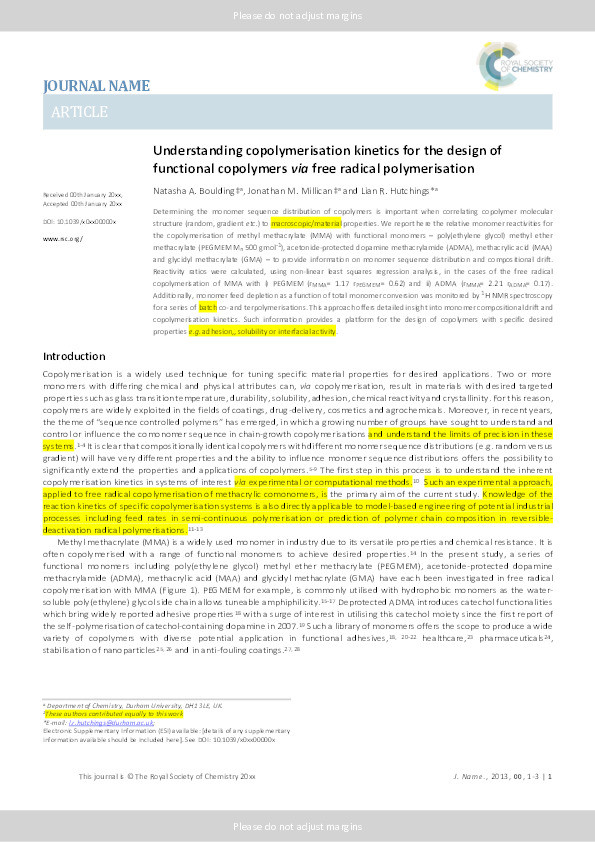 Understanding copolymerisation kinetics for the design of functional copolymers via free radical polymerisation Thumbnail