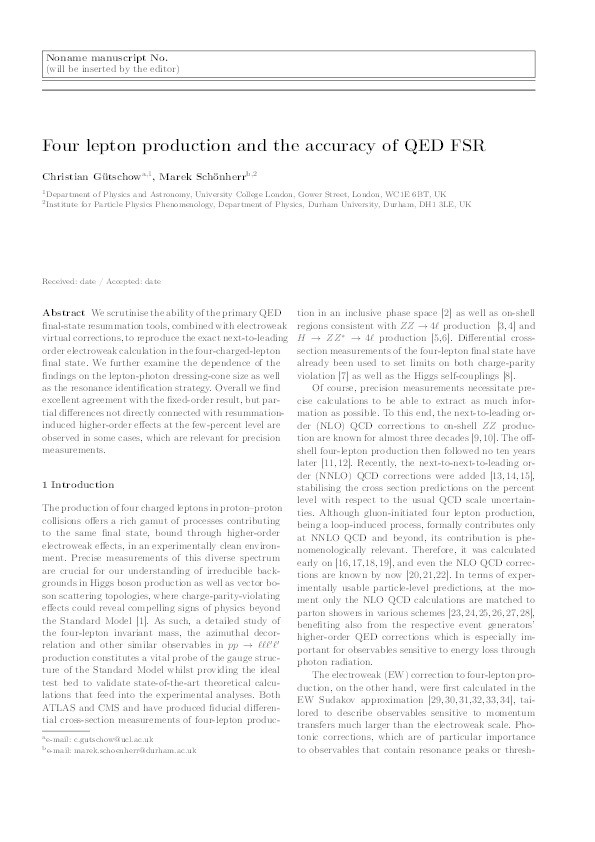 Four lepton production and the accuracy of QED FSR Thumbnail