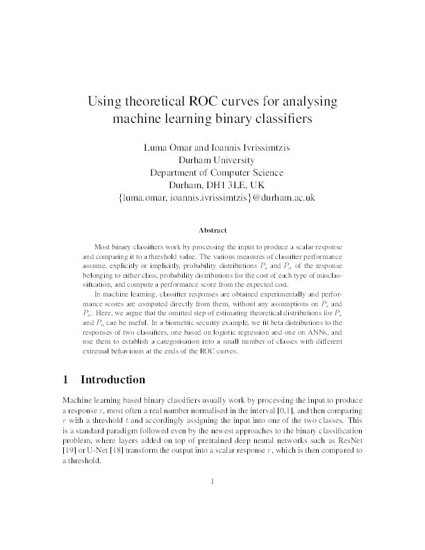 Using theoretical ROC curves for analysing machine learning binary classifiers Thumbnail
