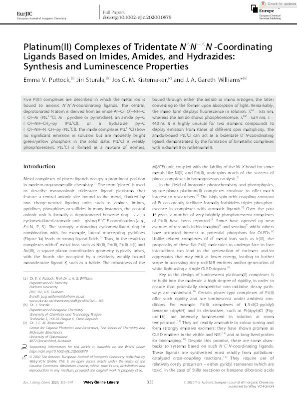 Platinum(II) Complexes of Tridentate ‐Coordinating Ligands Based on Imides, Amides, and Hydrazides: Synthesis and Luminescence Properties Thumbnail