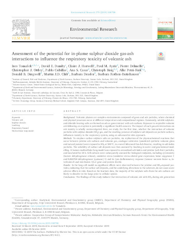 Assessment of the potential for in-plume sulphur dioxide gas-ash interactions to influence the respiratory toxicity of volcanic ash Thumbnail