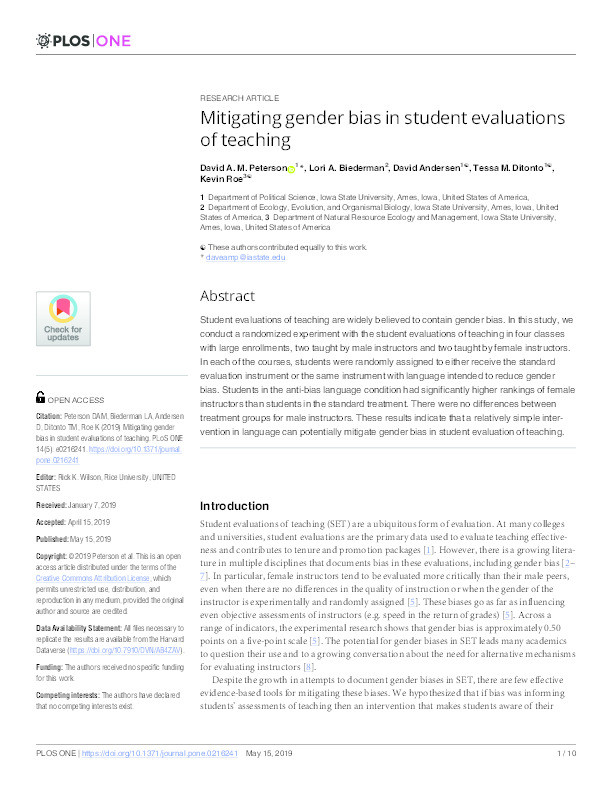 Mitigating gender bias in student evaluations of teaching Thumbnail