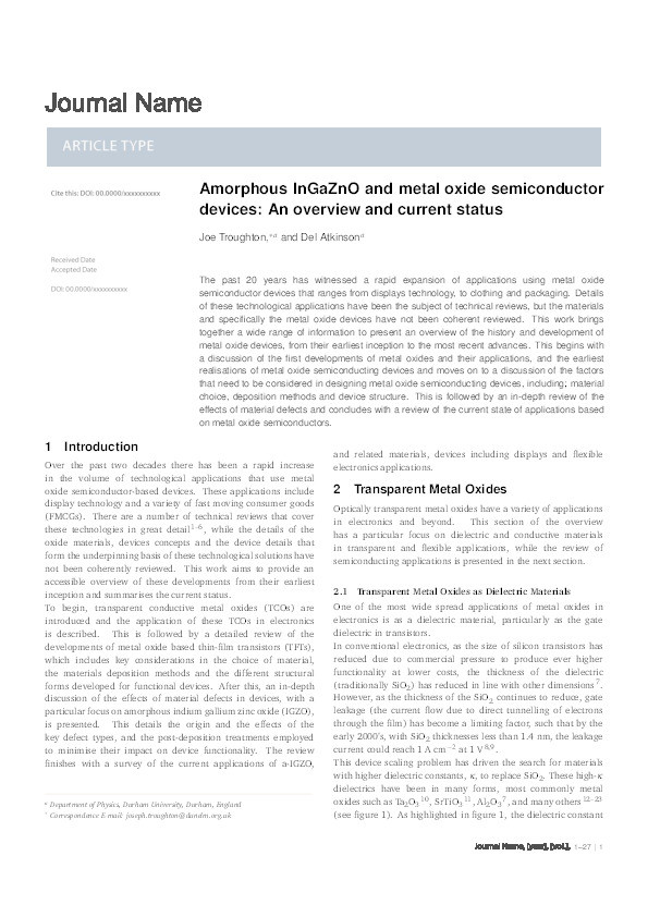 Amorphous InGaZnO and metal oxide semiconductor devices: an overview and current status Thumbnail