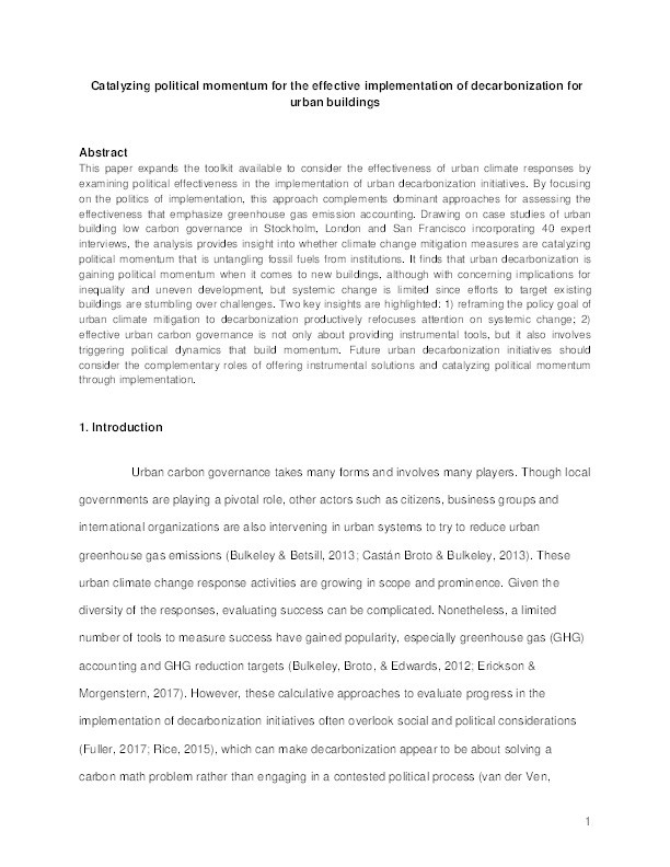 Catalyzing political momentum for the effective implementation of decarbonization for urban buildings Thumbnail