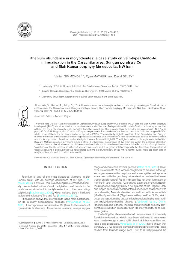 Rhenium abundance in molybdenites: a case study on vein-type Cu-Mo-Au mineralisation in the Qarachilar area, Sungun porphyry Cu and Siah Kamar porphyry Mo deposits, NW Iran Thumbnail