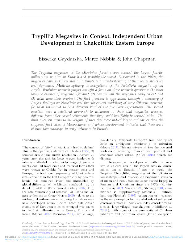 Trypillia Megasites in Context: Independent Urban Development in Chalcolithic Eastern Europe Thumbnail