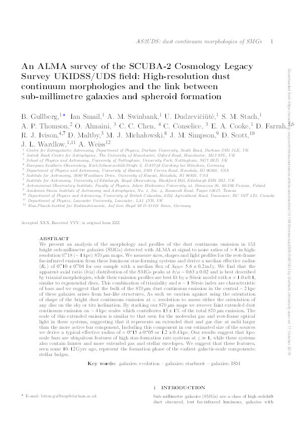An ALMA survey of the SCUBA-2 Cosmology Legacy Survey UKIDSS/UDS field: High-resolution dust continuum morphologies and the link between sub-millimetre galaxies and spheroid formation Thumbnail