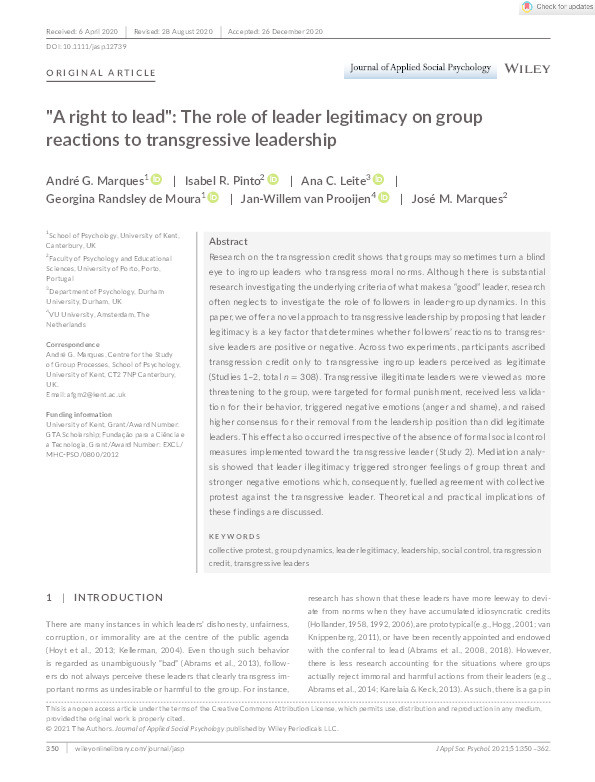 “A Right to Lead”: The Role of Leader Legitimacy on Group Reactions to Transgressive Leadership Thumbnail