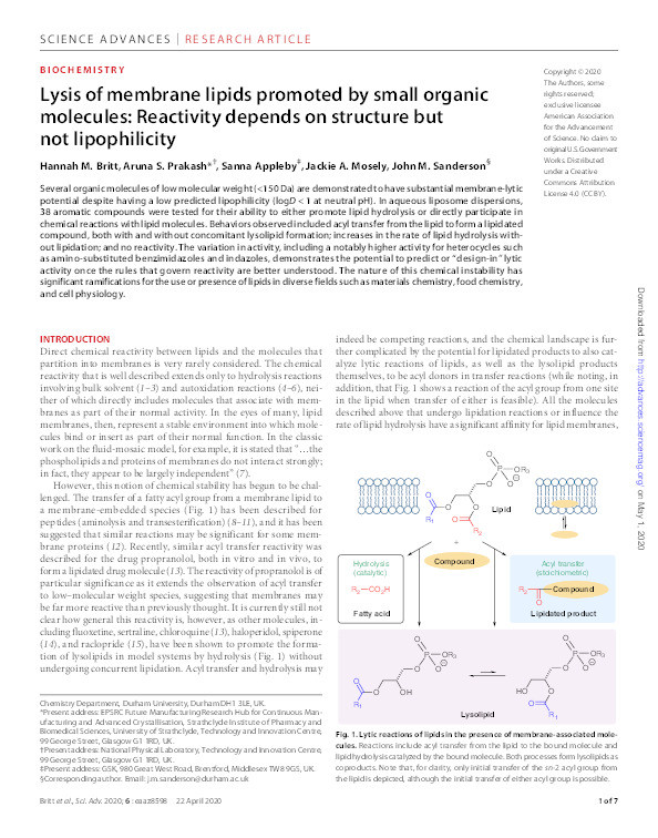 Lysis of Membrane Lipids Promoted by Small Organic Molecules: Reactivity Depends on Structure but not Lipophilicity Thumbnail