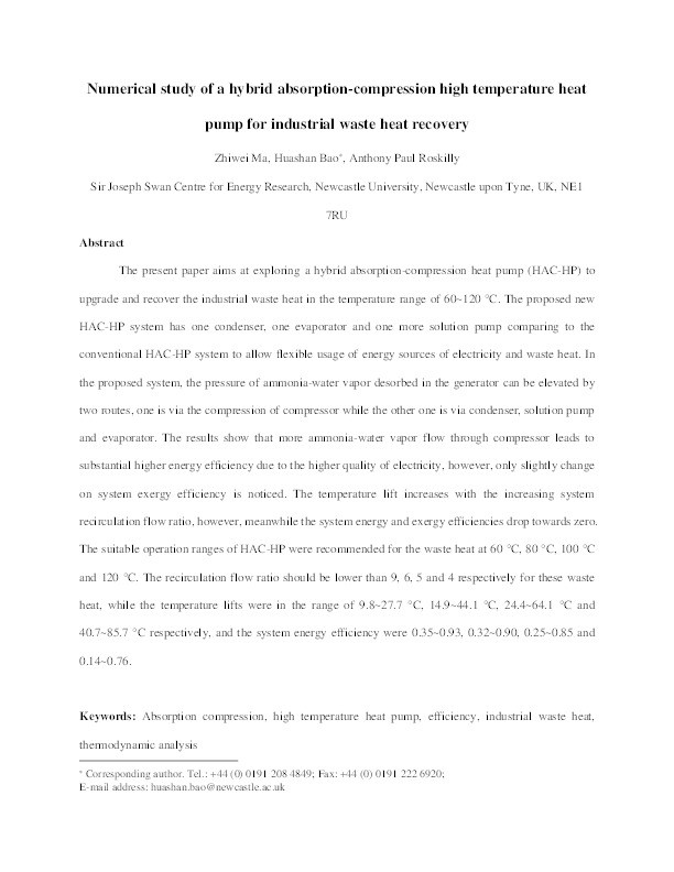 Numerical study of a hybrid absorption-compression high temperature heat pump for industrial waste heat recovery Thumbnail