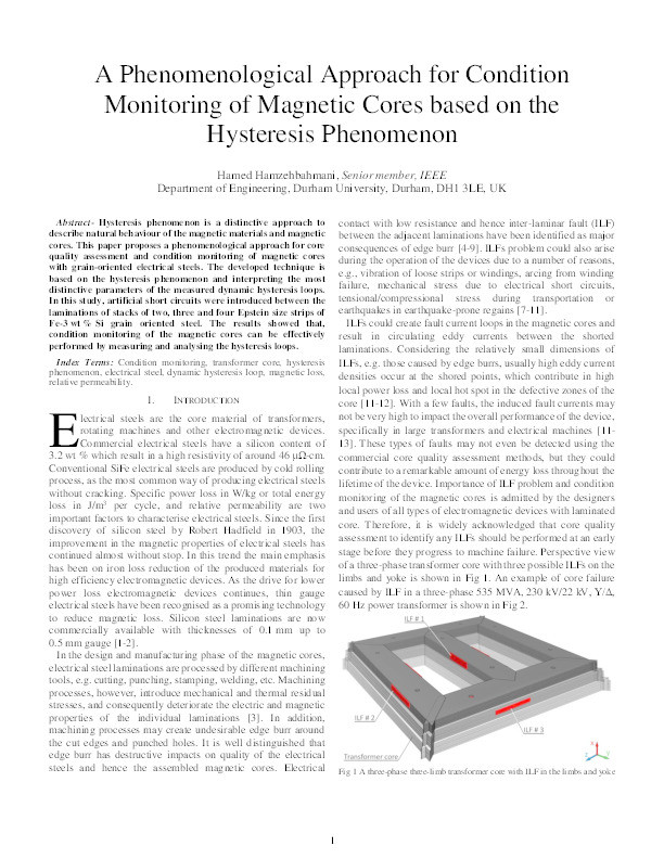 A Phenomenological Approach for Condition Monitoring of Magnetic Cores based on the Hysteresis Phenomenon Thumbnail
