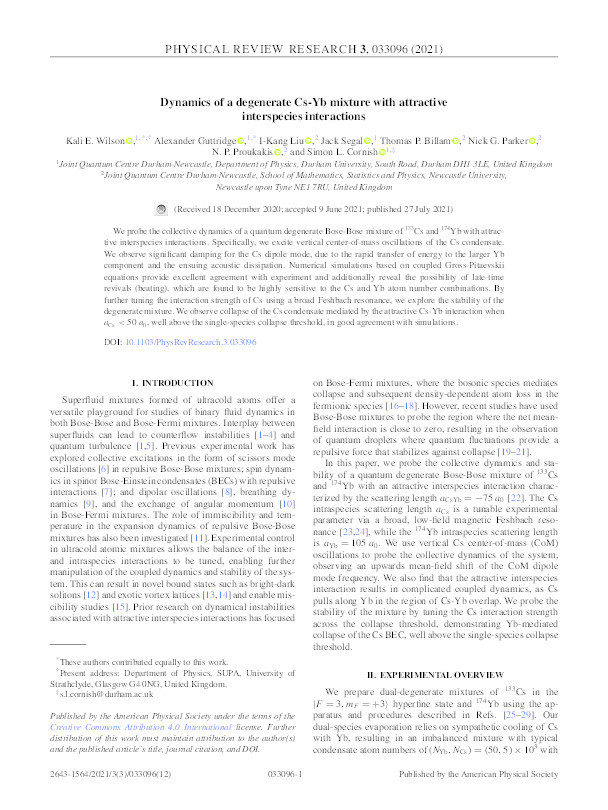 Dynamics of a degenerate Cs-Yb mixture with attractive interspecies interactions Thumbnail