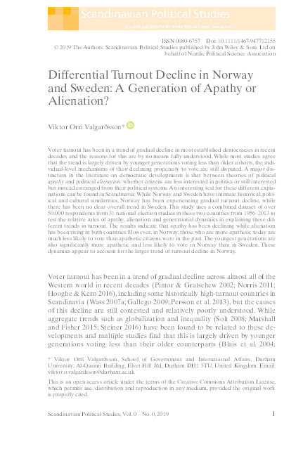 Differential Turnout Decline in Norway and Sweden: A Generation of Apathy or Alienation? Thumbnail