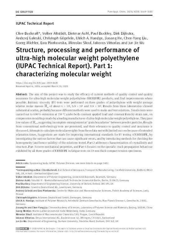 Structure, processing and performance of ultra-high molecular weight polyethylene (IUPAC Technical Report). Part 1: characterizing molecular weight Thumbnail