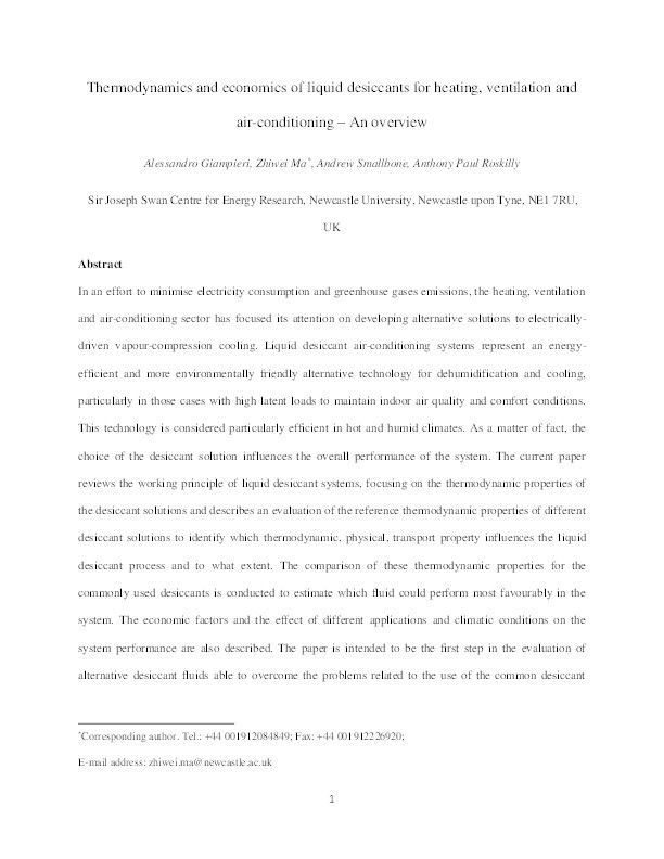 Thermodynamics and economics of liquid desiccants for heating, ventilation and air-conditioning - An overview Thumbnail