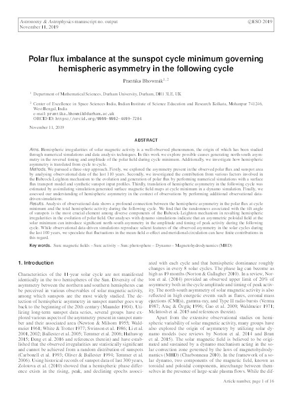 Polar flux imbalance at the sunspot cycle minimum governs hemispheric asymmetry in the following cycle Thumbnail