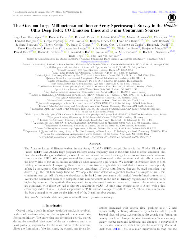 The Atacama Large Millimeter/submillimeter Array Spectroscopic Survey in the Hubble Ultra Deep Field: CO Emission Lines and 3 mm Continuum Sources Thumbnail