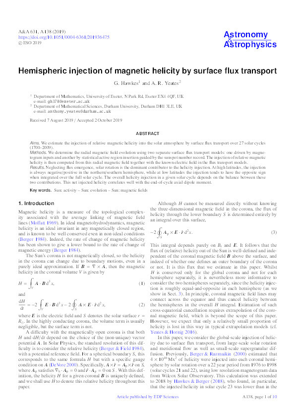 Hemispheric injection of magnetic helicity by surface flux transport Thumbnail