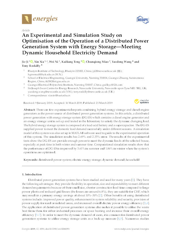 An experimental and simulation study on optimisation of the operation of a distributed power generation system with energy storage - Meeting dynamic household electricity demand Thumbnail