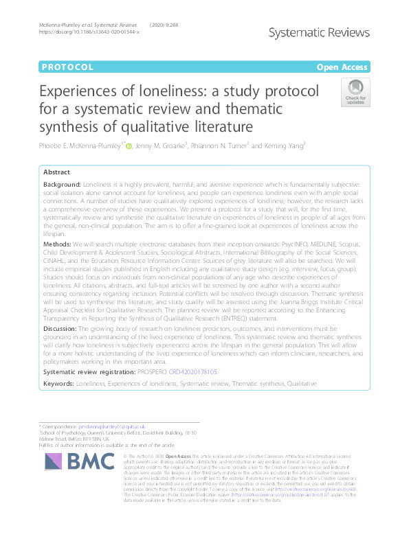 Experiences of loneliness: a study protocol for a systematic review and thematic synthesis of qualitative literature Thumbnail