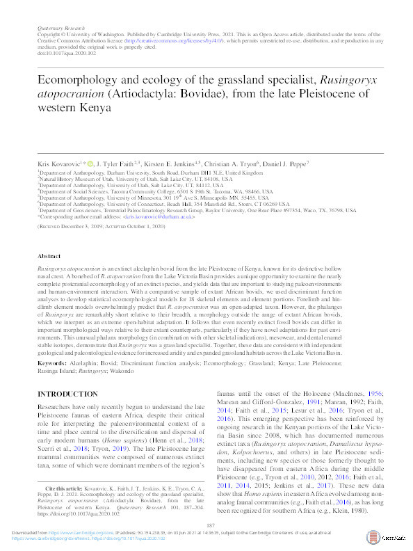 Ecomorphology and ecology of the grassland specialist, Rusingoryx atopocranion (Artiodactyla: Bovidae), from the late Pleistocene of western Kenya Thumbnail