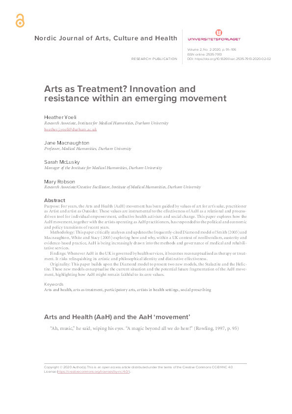 Arts as Treatment? Innovation and resistance within an emerging movement Thumbnail