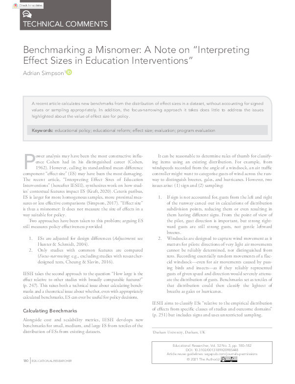 Benchmarking a misnomer: A note on “Interpreting effect sizes in education interventions” Thumbnail