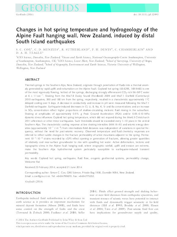 Changes in hot spring temperature and hydrogeology of the Alpine Fault hanging wall, New Zealand, induced by distal South Island earthquakes Thumbnail