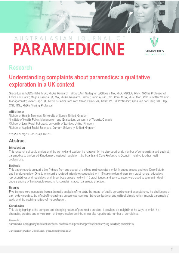 Understanding complaints about paramedics: a qualitative exploration in a UK context Thumbnail