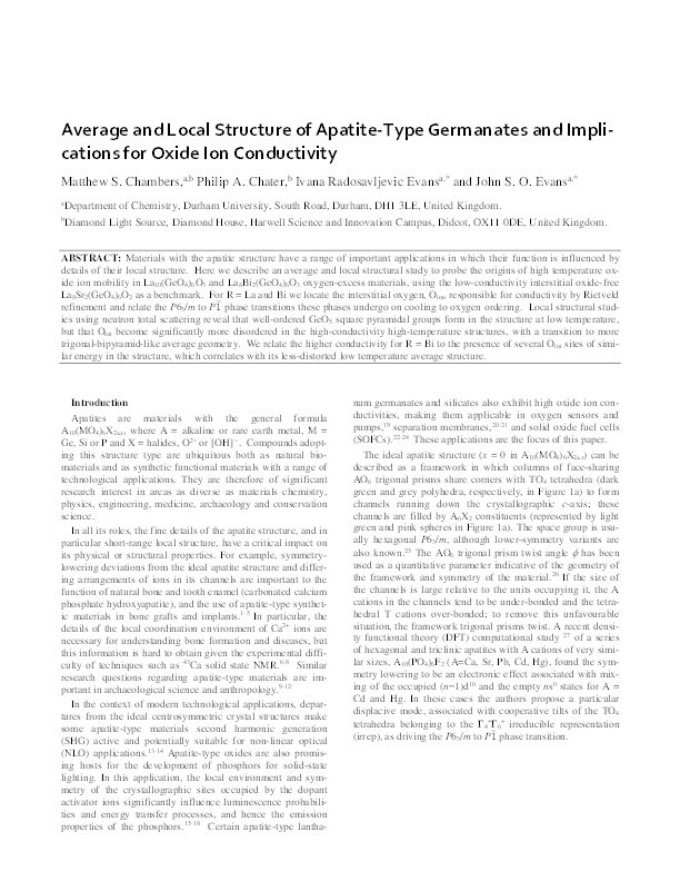 Average and Local Structure of Apatite-Type Germanates and Implications for Oxide Ion Conductivity Thumbnail