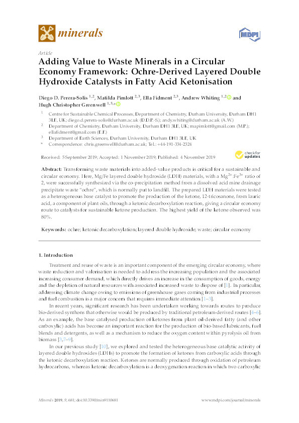 Adding Value to Waste Minerals in a Circular Economy Framework: Ochre-Derived Layered Double Hydroxide Catalysts in Fatty Acid Ketonisation Thumbnail