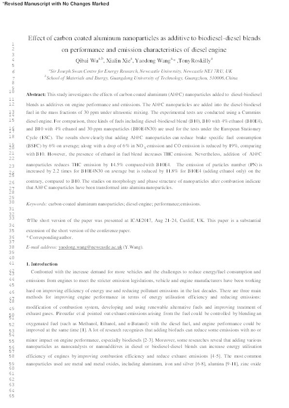 Effect of carbon coated aluminum nanoparticles as additive to biodiesel-diesel blends on performance and emission characteristics of diesel engine Thumbnail