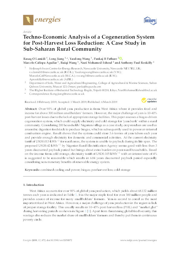 Techno-Economic Analysis of a Cogeneration System for Post-Harvest Loss Reduction: A Case Study in Sub-Saharan Rural Community Thumbnail