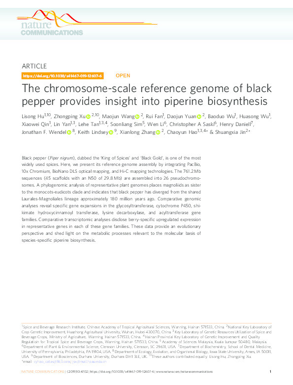 The chromosome-scale reference genome of black pepper (Piper nigrum L.) provides further insight into piperine biosynthesis Thumbnail