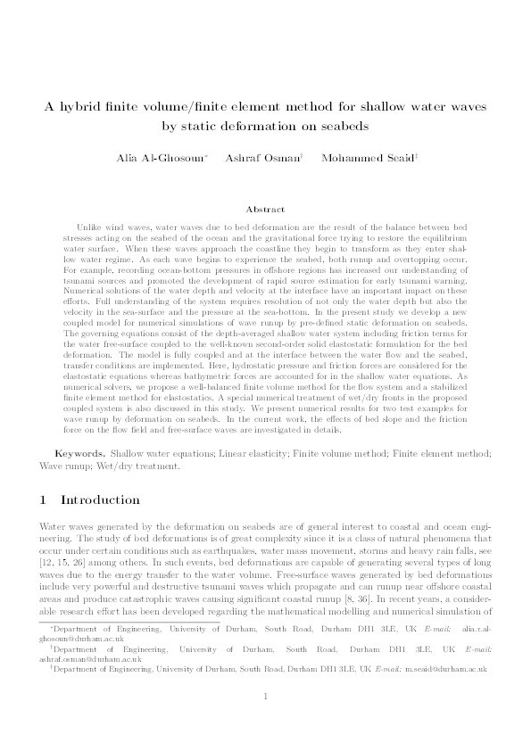 A hybrid finite volume/finite element method for shallow water waves by static deformation on seabeds Thumbnail