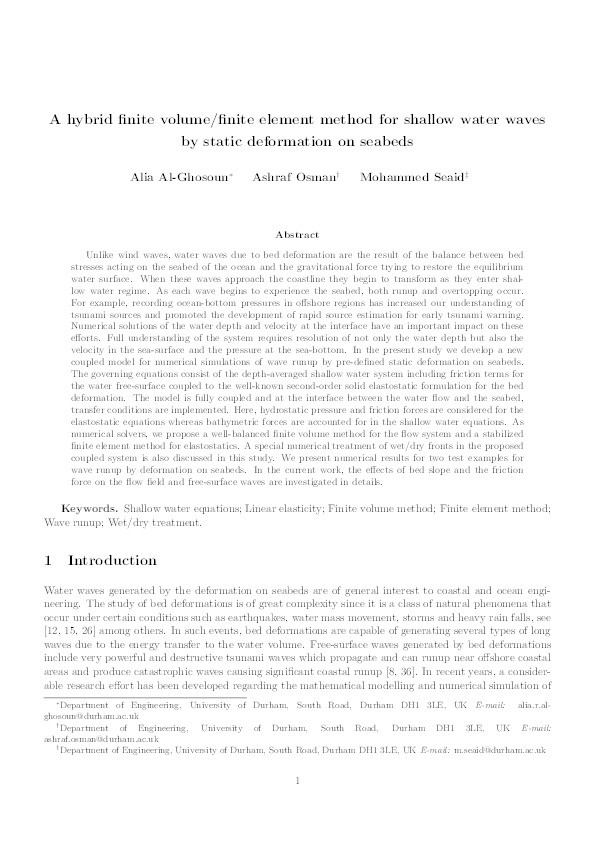 A hybrid finite volume/finite element method for shallow water waves by static deformation on seabeds Thumbnail
