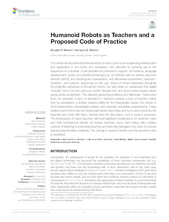 Humanoid robots as teachers and a proposed code of practice Thumbnail