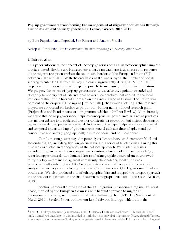 Pop-up governance: transforming the management of migrant populations through humanitarian and security practices in Lesbos, Greece, 2015-2017 Thumbnail