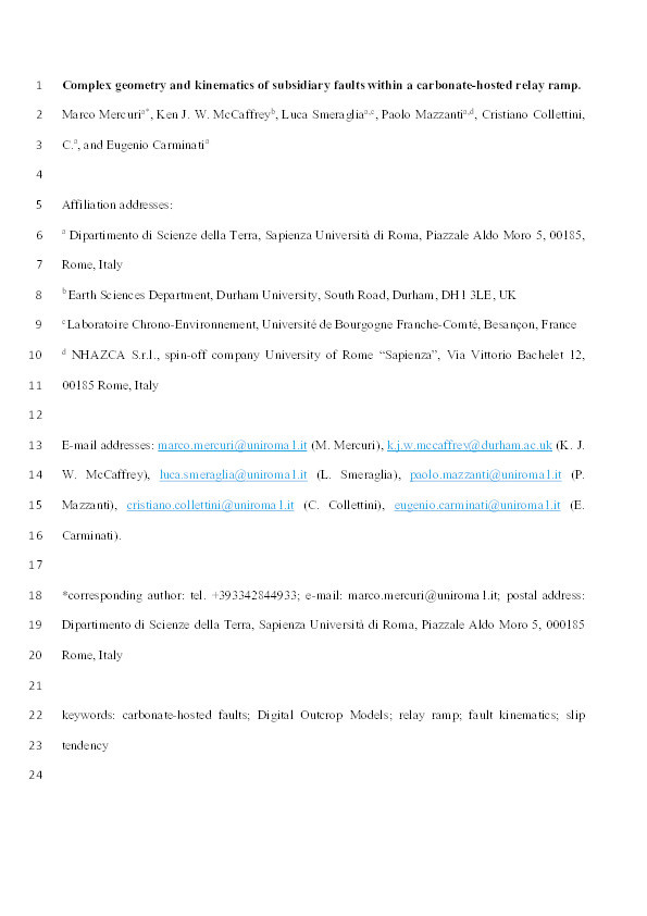 Complex geometry and kinematics of subsidiary faults within a carbonate-hosted relay ramp Thumbnail