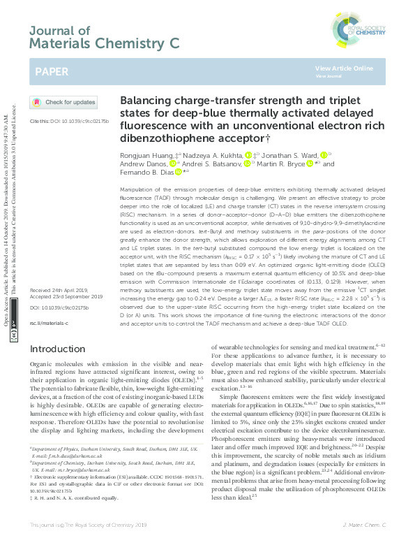 Balancing charge-transfer strength and triplet states for deep-blue thermally activated delayed fluorescence with an unconventional electron rich dibenzothiophene acceptor Thumbnail