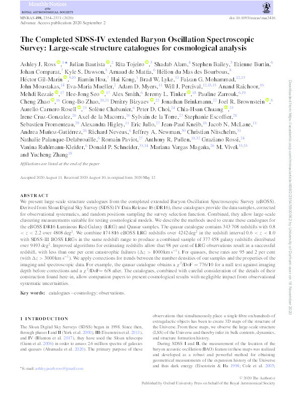 The Completed SDSS-IV extended Baryon Oscillation Spectroscopic Survey: Large-scale structure catalogues for cosmological analysis Thumbnail